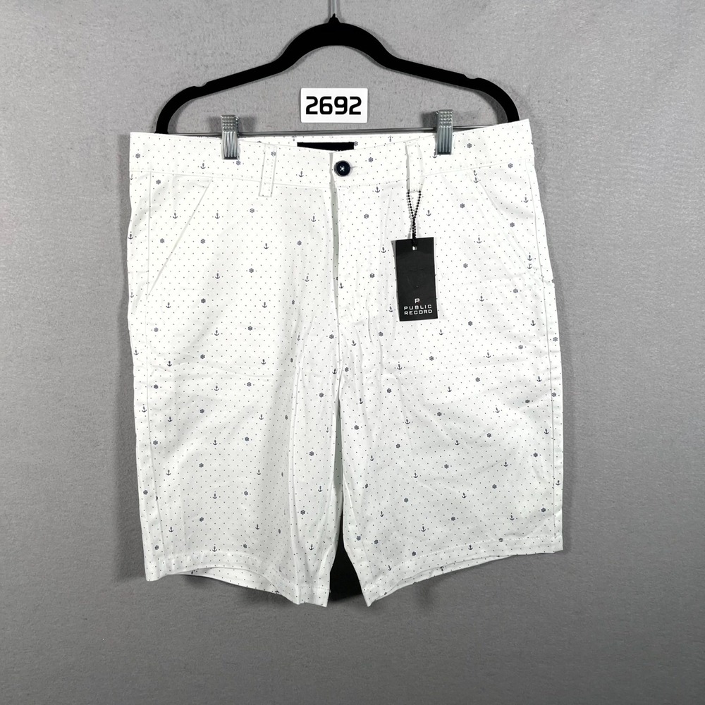 Public‎ Record Shorts Mens 34 White Anchor Print Chino 100% Cotton Flat Front